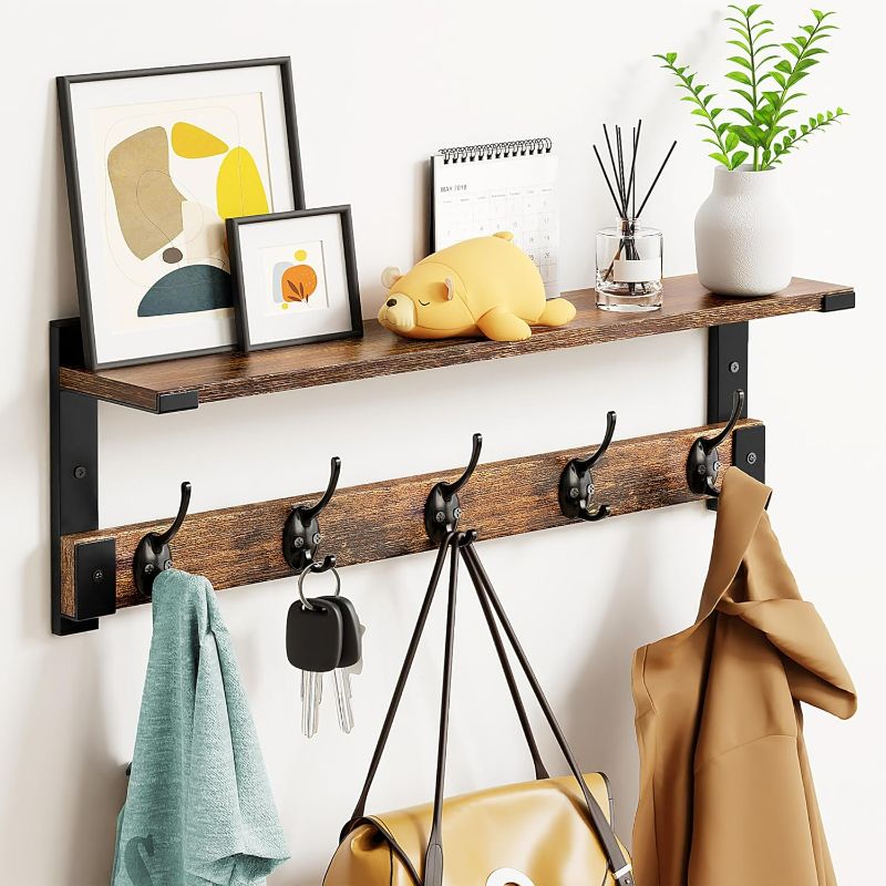 Photo 1 of Wall Hooks with Shelf, Coat Rack Wall Mount, 23.6 Inch Shelf with Hooks for Coat Backpack Key Clothes Hanger, Wall Floating Shelf Hanging in Entryway, Living Room, Bathroom, Bedroom, Kitchen