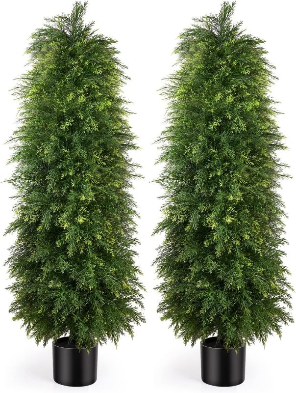 Photo 1 of 2 Pack 5ft Artificial Cedar Topiary Trees, Outdoor Artificial Plants for Front Porch Décor, Artificial Shrubs Fake Plants Uv Rated Potted Plants for Outdoor, Indoor, Front Door, Office.