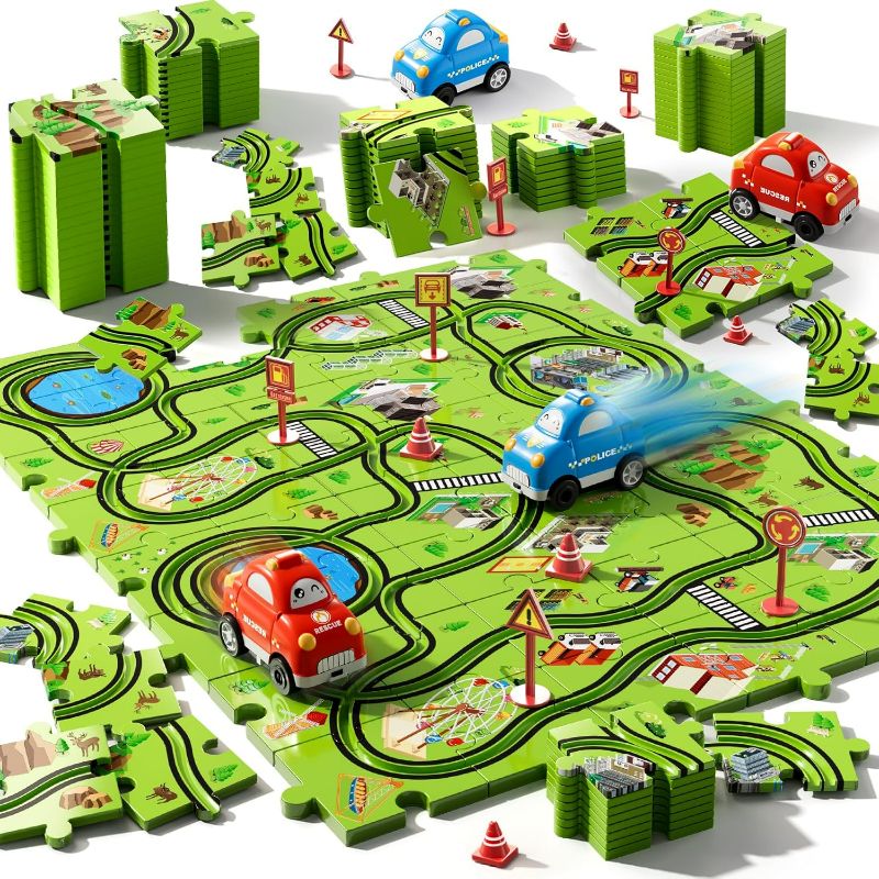 Photo 1 of 48 PCS Puzzle Race Track Car Set Toys for Kids Boys, Toddler Toys Gifts for 3 4 5 Year Old Boys, Puzzle Tracks Car Toys for Boys Ages 3-5 4-6, Ideal 3 4 5 6 Year Old Boys Birthday Gifts