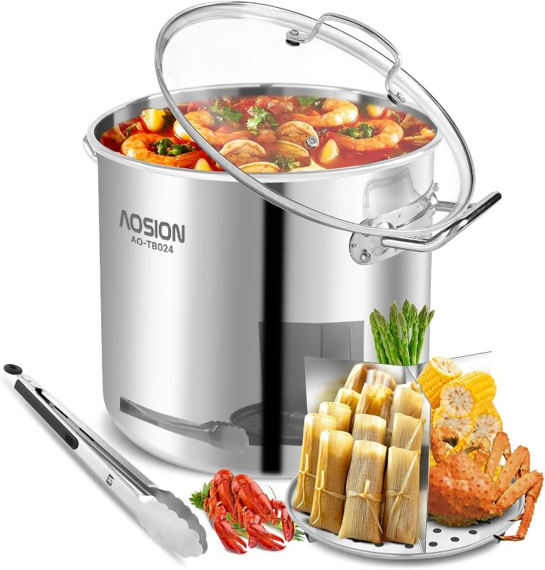 Photo 1 of AOSION 24 Quart Stainless Steel Stock Pot With Lid, 3-IN-1 Heavy Duty Tamale Steamer Pot with Visible Lid for Pasta, Soup,Large Pot for Cooking with Steam Rack,Dishwasher & Oven Safe.