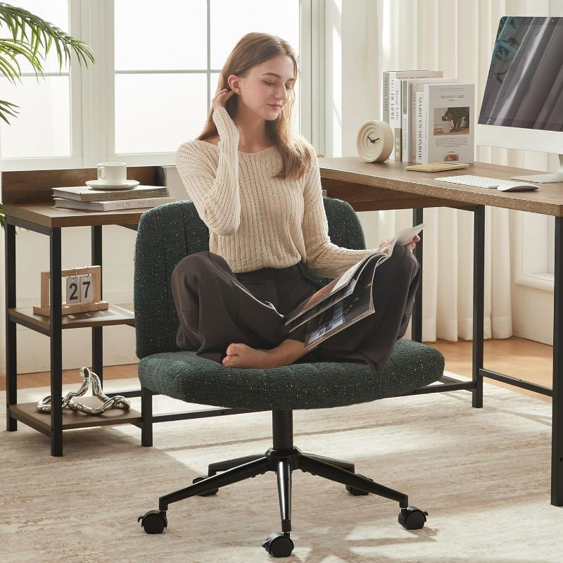 Photo 1 of Dowinx Criss Cross Chair with Locking Wheels, Preminum Fabric and Pocket Spring Cushion, Adjustable Swivel Wide Seat Computer Chair, Morden Design Vanity Chair Green