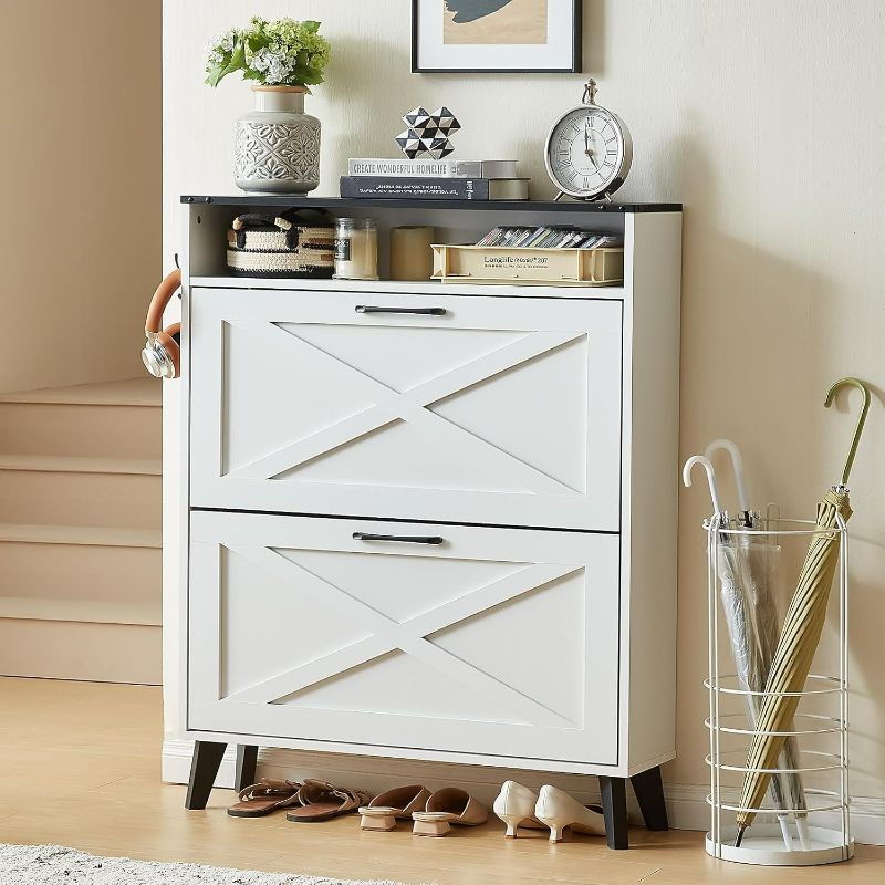 Photo 1 of Shoe Storage Cabinet with 2 Flip Drawers, Farmhouse Shoes Organizer for Entryway, Narrow Hidden Shoe Rack with Wooden Legs & Open Storage, Free Standing Shoe Closet for Foyer, Hallway, White