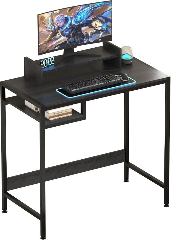 Photo 1 of Computer Desk - 32 Inch Home Office Desk with Storage, Gaming Desk with Monitor Stand, Modern Simple Study Table, Adjustable Storage Space, Black