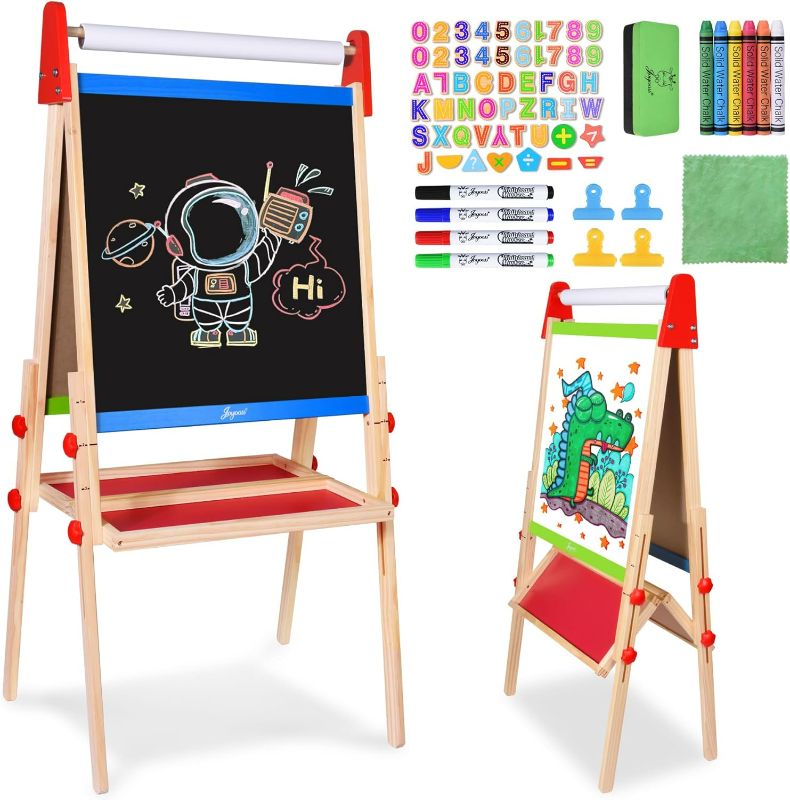 Photo 1 of Joyooss Easel for Kids Easel, Wooden Easel Whiteboard & Chalkboard Easel, Foldable Height Adjustable Double Sided Toddler Art Easel Kids, Art Easel for Kids Age 4-8 9-12 Magnetic Board for Kids Easel