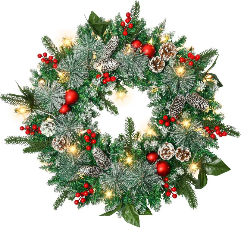 Photo 1 of 24in Christmas Wreath with Lights, Pine Cone Wreath Lighted Christmas Wreaths Winter Wreath with Pine Cones, Berries Ball Ornaments and Pine Branch for Door Window Mantle Christmas Decoration Wreaths