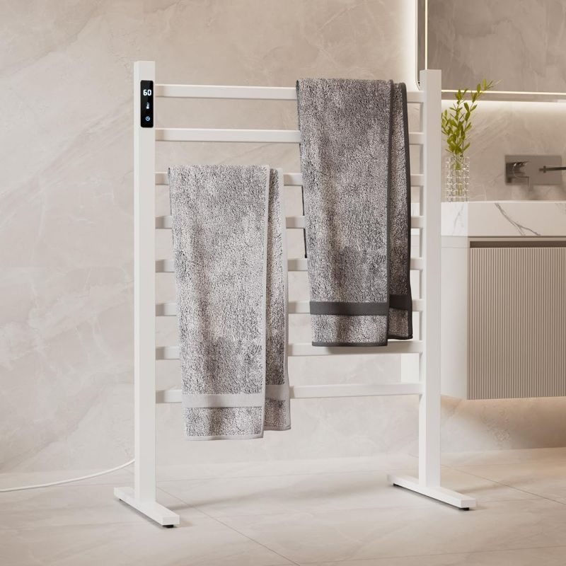 Photo 1 of Freestanding Towel Warmer,Aluminum Electric Heated Towel Rack with Timer, LED Display, Overheat Protection Constant Temperature Control, Aluminum Towel Drying Shelf for Bathroom (White)