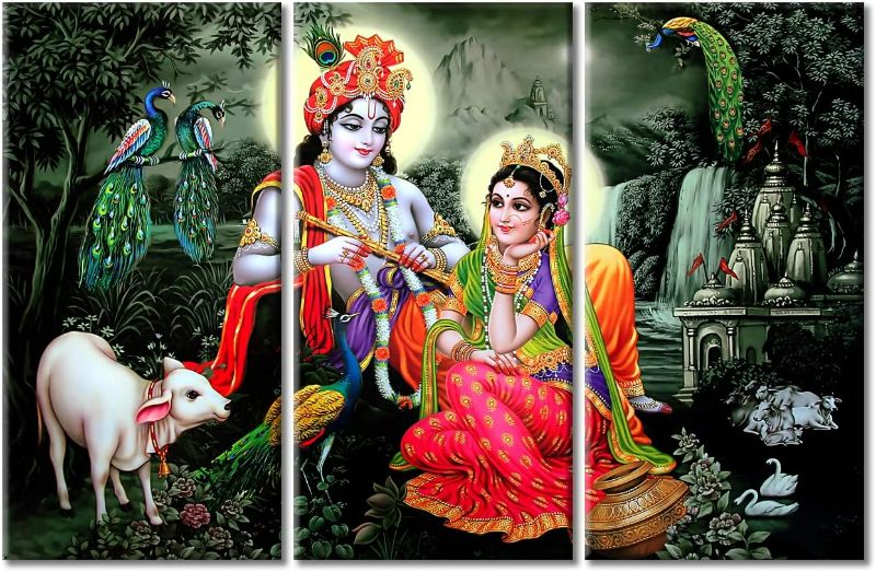 Photo 1 of Home Decor Radha Krishna Painting Art Wall Art 3 Pieces Hindu God Bedroom Decor Wall Art Ganesha Peacock Wall Decor for Living Room Posters and Prints Stretched and Framed Ready to Hang (60"Wx40"H)