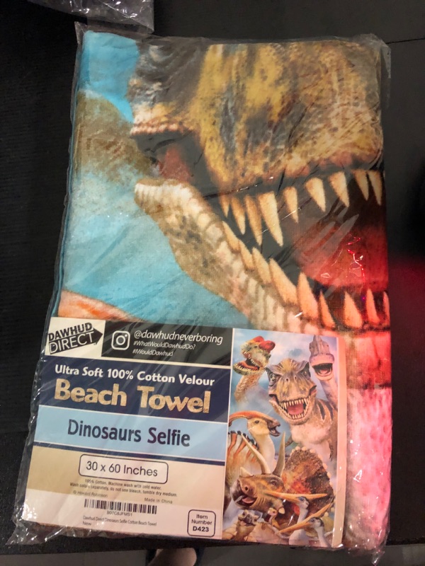 Photo 2 of Dawhud Direct Dinosaur Beach Towel - Swimming Pool Towel for Boys or Girls - Kids Bath Towels - Dinosaur, T-Rex Selfie Towel Print for Toddler - Super Soft Plush Cotton - Machine Washable (30" X 60") Dinosaurs Selfie