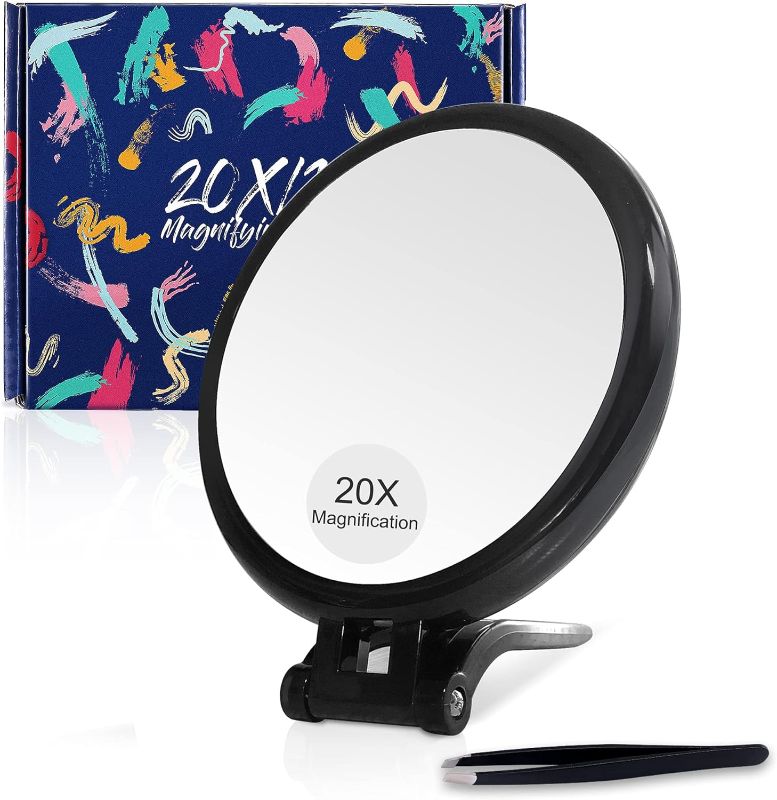 Photo 1 of Magnifying Mirror 20x / 1x Two Sided, Double Sided Magnifying Mirror with Stand, Magnified Hand Mirror for Makeup, Blackhead/Comedone Removal (6inch,20X/1X, Black)
