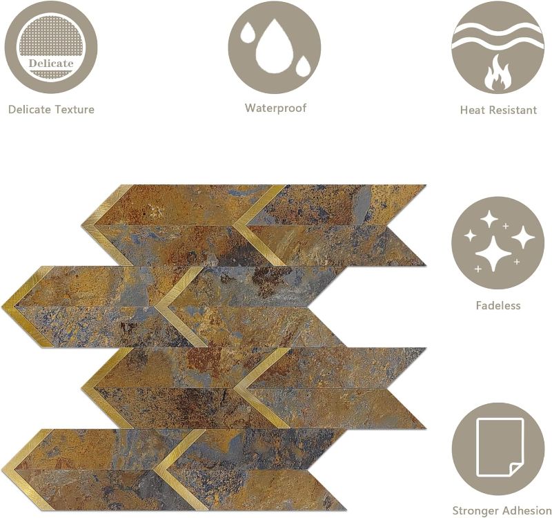Photo 1 of KASARO Backsplash Tile for Kitchen Wall Peel and Stick, 10-Piece Mosaic Self Adhesive Marble Tiles Decorative Stick for Kitchen Bathroom, Slate Embellished with Metal Gold Arrow Slate