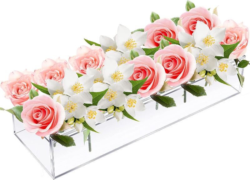 Photo 1 of 4 Pack Rectangular Flower Vase Clear Acrylic Floral Centerpiece 11.8'' Long Clear Vase with Holes for Dining Table Long Rectangle Vase Decorative Modern Vase for Wedding Dining Table Decor