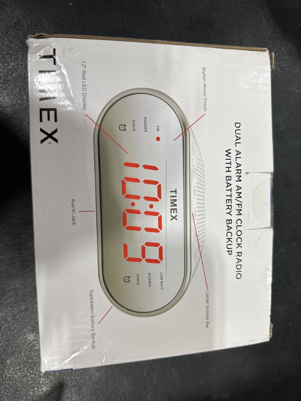 Photo 1 of Timex Alarm Clock With AM/FM Radio And 20 Station Presets, Digital Clock Radio With Dual Alarms, Programmable Timer, Snooze, Aux Speaker, And Adjustable Volume Switch (T2312W) White Round