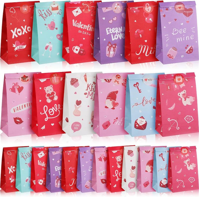 Photo 1 of 120 Pieces Valentine's Day Paper Gift Bags with Stickers Bulk Heart Goody Bags Valentines Candy Bags Valentine Paper Bags Valentine Treat Bag for Valentine's Day Party Supplies, 12 Styles
