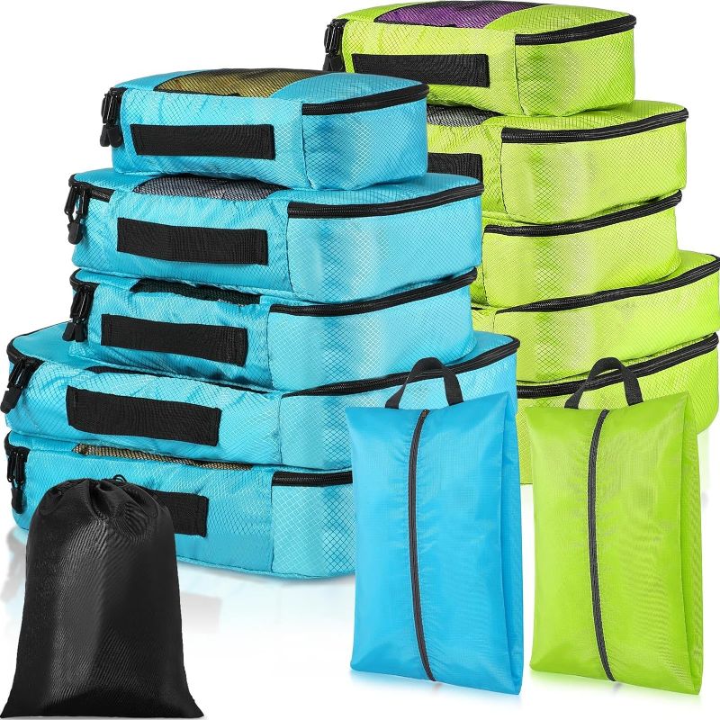 Photo 1 of 14 Set Packing Cubes Set Ultra Light Travel Packing Cubes Travel Luggage Organizer With Shoe Bag for Bag Suitcase(4L+4M+2S+2 Drawstring Bag+2 Shoe Bag, Green and Blue)
