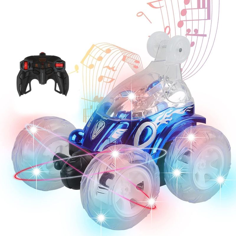 Photo 1 of 2.4G RC Car for Kids with LED Lights and Music - Blue ABS Plastic 3WD Off Road Rotating Tumbling Remote Control Car for Boys and Girls
