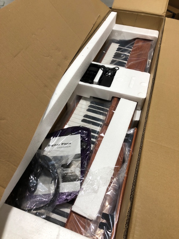 Photo 3 of Asmuse 88-Key Full Size Digital Piano, Electronic Keyboard Set With Semi Weighted Keys, Stand, Sustain Pedal, Built-In Speakers, Power Supply (Brown)