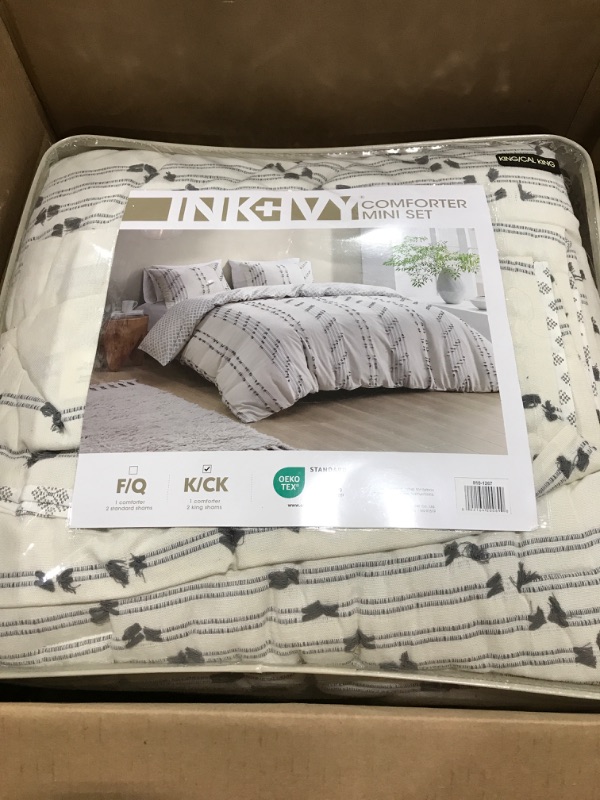 Photo 2 of INK+IVY Comforter Set for King Size Bed - Cotton Comforter Set, Boho Bedding Set for All Seasons, Farmhouse Bedding Comforters & Sets with 2 Pillowcase, Jacquard Stripes, Ivory 3 Piece King/Cal King Kara Stripes Ivory King/Cal King