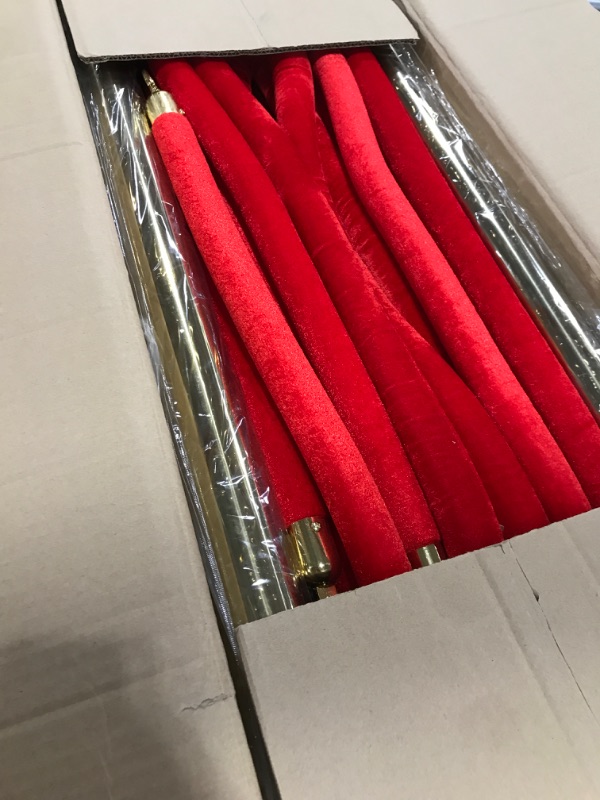 Photo 2 of Stainless Steel Stanchion Post Queue 5 ft Red Velvet Rope Red Carpet Ropes and Poles Crowd Control Barriers Sand Injection Hollow Base and Velvet Ropes Set for Party Supplies (8 Pieces, Gold) Gold 8