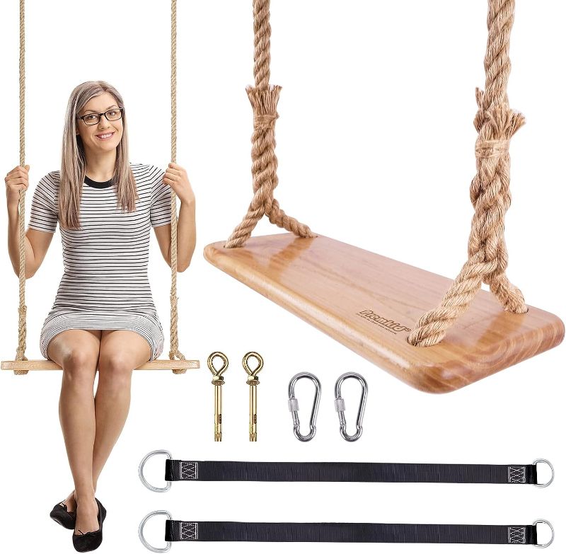 Photo 1 of 
Premkid Hanging Wooden Swing, Swing Seat 24"x 8"x 1.2", Tree Swing for Adults Kids with 500lbs Load, Adjustable Hemp Rope Plus Tree Straps 100...