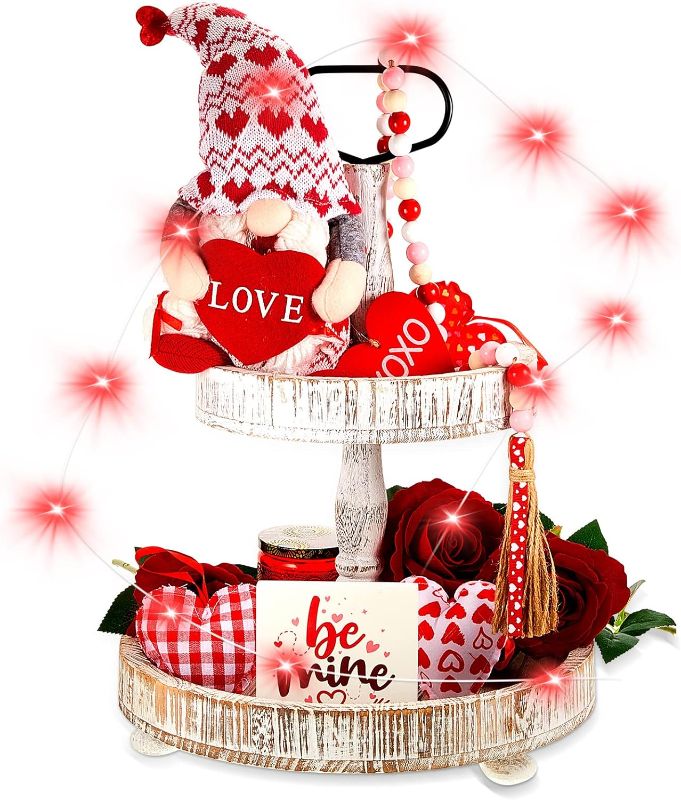 Photo 1 of 7 Pcs Valentines Day Tiered Tray Decor Set Valentines Stuffed Fabric Hearts Gnome Plush Farmhouse Be Mine Wood Sign XOXO Wooden Bead Garland with Red LED String Light Home Table Kitchen Decorations
