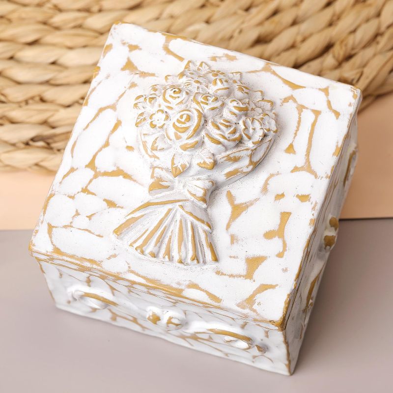 Photo 1 of Sculpted Hand-Painted Decorative Keepsake Box, Flower Square Jewelry box, Ideal Gift for Lover Women Friendship Family Housewarming (Antique White) 
