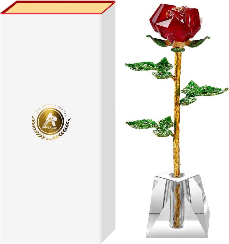 Photo 1 of AliveRose K9 Quality Crystal Roses, Forever Crystal Rose, Crystal,Long Stem with Crystal Vase,Best Gift for Her/Wife/Mom/Women on Valentine's Day/Anniversary/Mother's Day/Birthday Day(Red) 