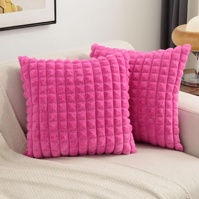 Photo 1 of Hot Pink Decorative Throw Pillow Covers 20x20 Inch Set of 2,Square Cushion Case,Fluffy Faux Rabbit Fur Plaid & Soft Velvet Back,Modern Home Decor for Couch Bed