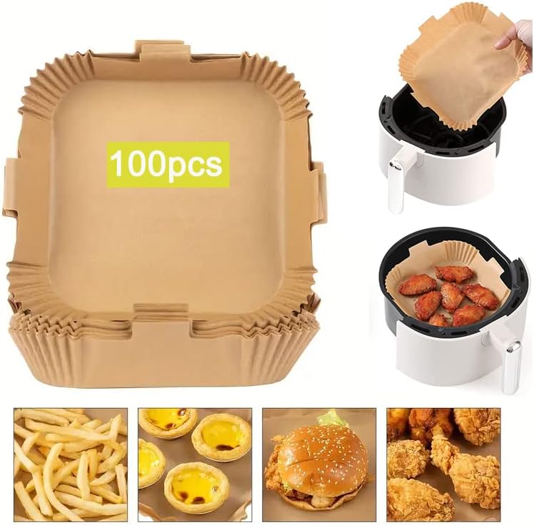 Photo 1 of 100PCS Air Fryer Disposable Paper Liner - 7.9In Square Non-Stick Insert Parchment Paper Liners, Oil-proof, Water-proof Cooking Baking Roasting Filter Sheet for Air fryer Basket, Microwave, Oven, Dryer 