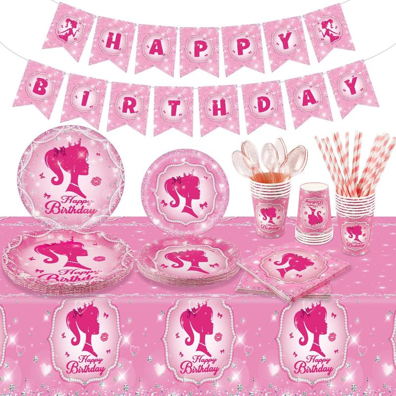 Photo 1 of Konsait 98PCS Happy Birthday Tableware Set for Pink Girl Party Supplies Pink Party Decorations,Pink Banner Paper Plate Napkins Cups Spoon Tablecloth Sets for Party Supplies Serves 16 Guests 