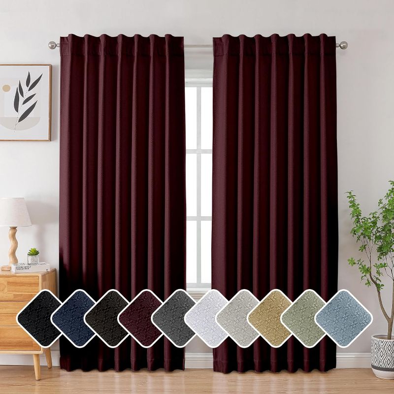 Photo 1 of 100% Blackout Window Panels for Living Room, Keep Warm Burgundy Blackout Curtains Energy Saving Full Light Blocking Thermal Insulated Curtains, Back Tab & Dual Rod Pocket (W52 x L84)