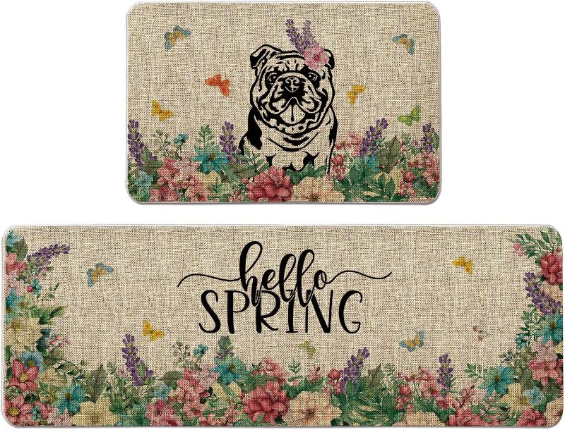 Photo 1 of Spring Kitchen Mat Set of 2 English Bulldog Kitchen Rugs Floral Butterfly Farmhouse Party Floor Mat for Home Kitchen Bathroom Dog Decorations - 17x27 and 17x47 Inch
