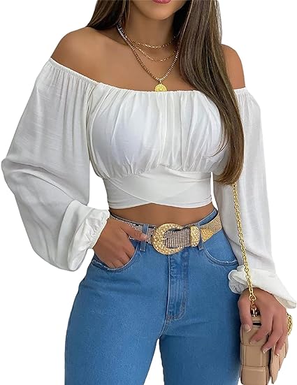 Photo 1 of Woman Off Shoulder Ruched Tie Back Crop Top Summer Lantern Sleeve Boho Shirt Blouse Size L 