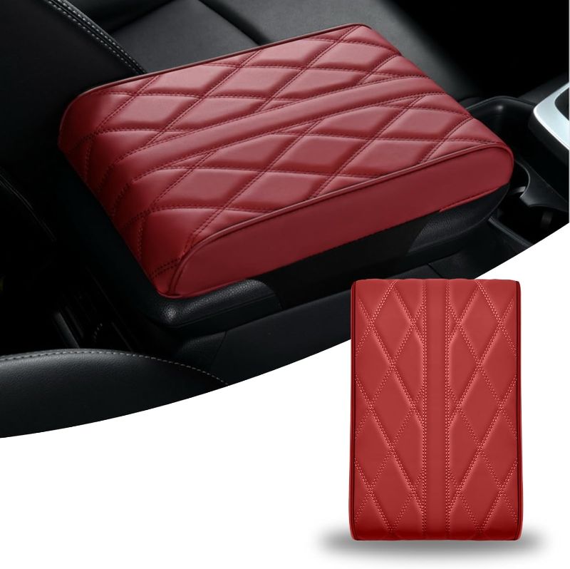 Photo 1 of 1 PC Car Armrest Memory Foam Booster Pad, 12.99" x 8.26" x 1.96" Memory Foam Diamond Check Leather Center Console Protector, Non-Slip Silicone Base Fabric, Suitable for Most Car Models (Red)