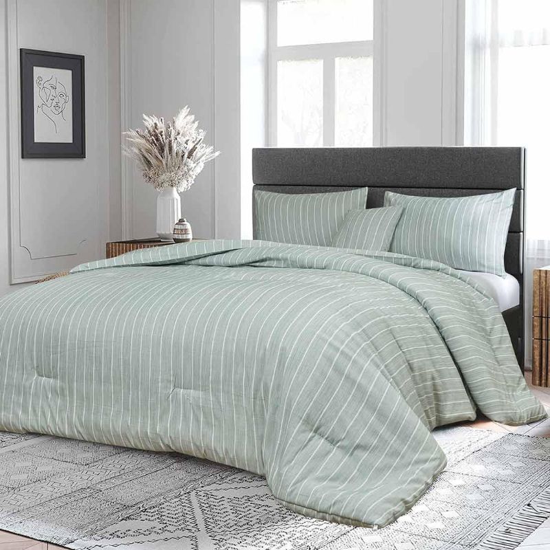 Photo 1 of Green Comforter Set King Size, 4pcs Boho Farmhouse Bedding Set for All Season, Soft and Lightweight Down Alternative Modern Striped Bed Comforter 104"x90" with 2 Pillow Shams for Women Men