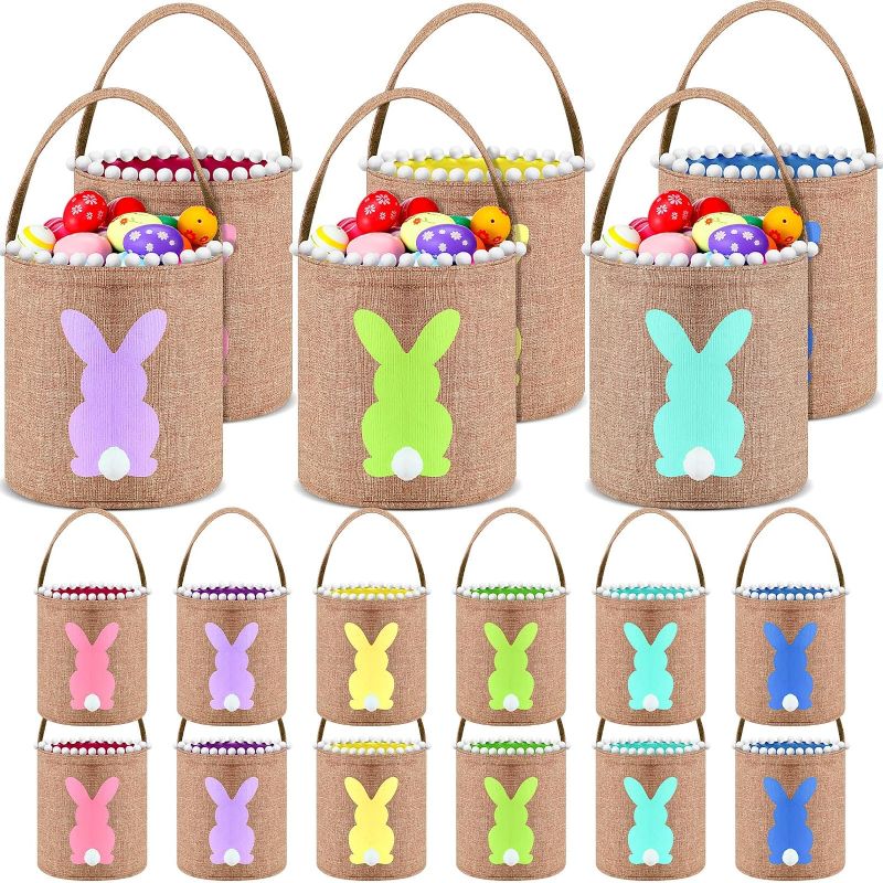 Photo 1 of 18 Pcs Easter Bunny Baskets for Kids Rabbit Easter Buckets with Handle Easter Egg Hunt Basket Tote Gifts Bags with Fluffy Tail for Spring Happy Easter Party Favor Decorations (Rustic)