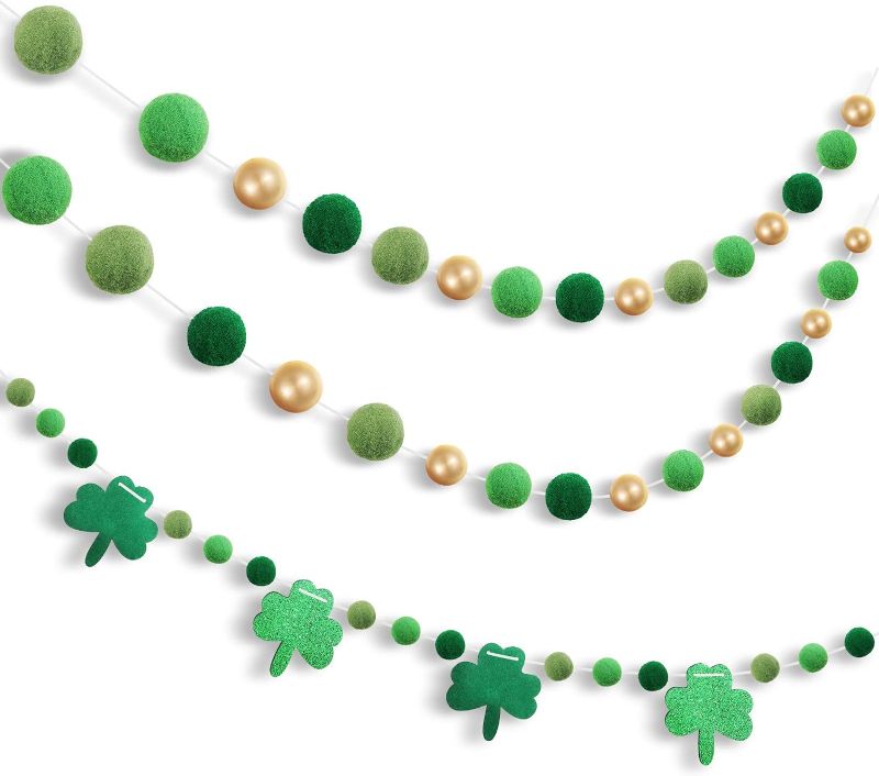 Photo 1 of 3 Pieces Pom Pom Garlands Felt Shamrock Clover Garlands Irish Wall Hanging Garlands Green Gold Felt Ball Garlands St. Patrick's Day Banner Decors for Irish St. Patrick's Day Indoor Outdoor Parties