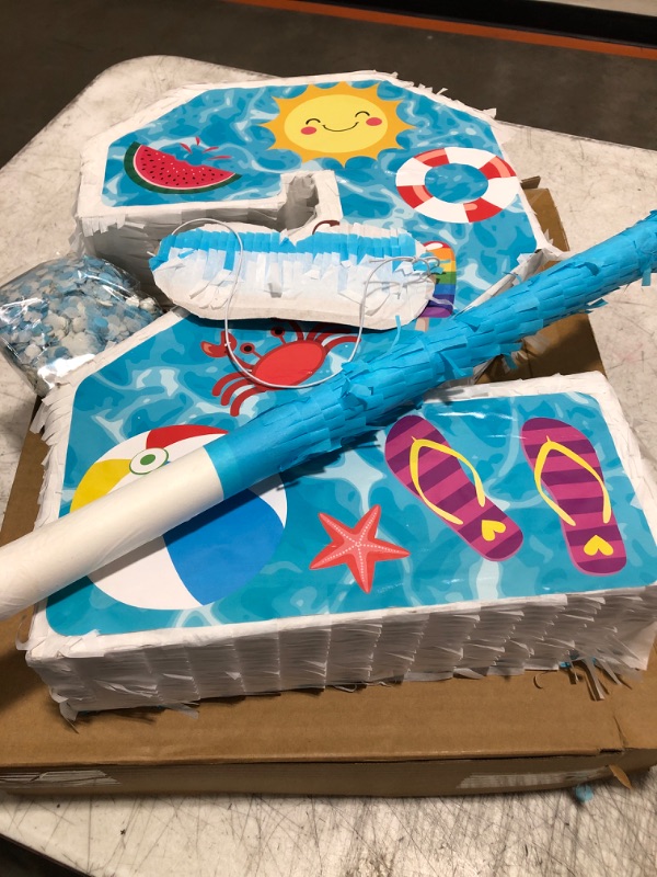 Photo 1 of 16 Inch Summer Number 2 Pinata Small Summer Beach Pinata Number Two Pinata with Blindfold Bat and Confetti for Boy Beach Ball Themed 2nd Birthday Party Celebration Party Supplies (Summer Beach)