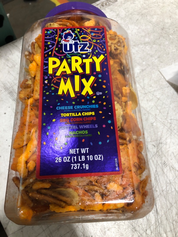Photo 2 of Utz Party Mix - 26 Ounce Barrel - Tasty Snack Mix Includes Corn Tortillas, Nacho Tortillas, Pretzels, BBQ Corn Chips and Cheese Curls, Easy and Quick Party Snacks, Cholesterol Free and Trans-Fat Free