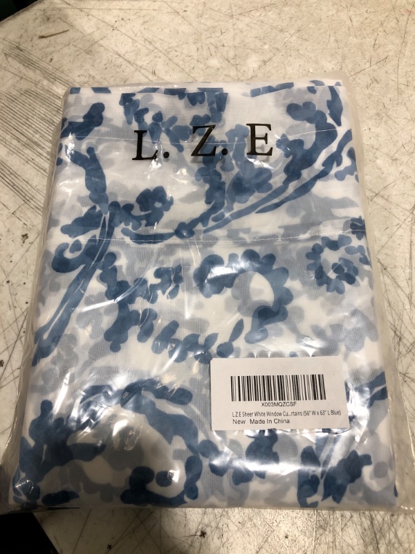 Photo 2 of L.Z.E Blue and White Sheer Curtains for Living Room 2 Panels Set Rod Pocket Transparent Sheers Curtain for Dining Room Bedroom 63 Inches Long Elegant Paisley Pattern Voile Drapes with Tiebacks 56W x 63L Blue