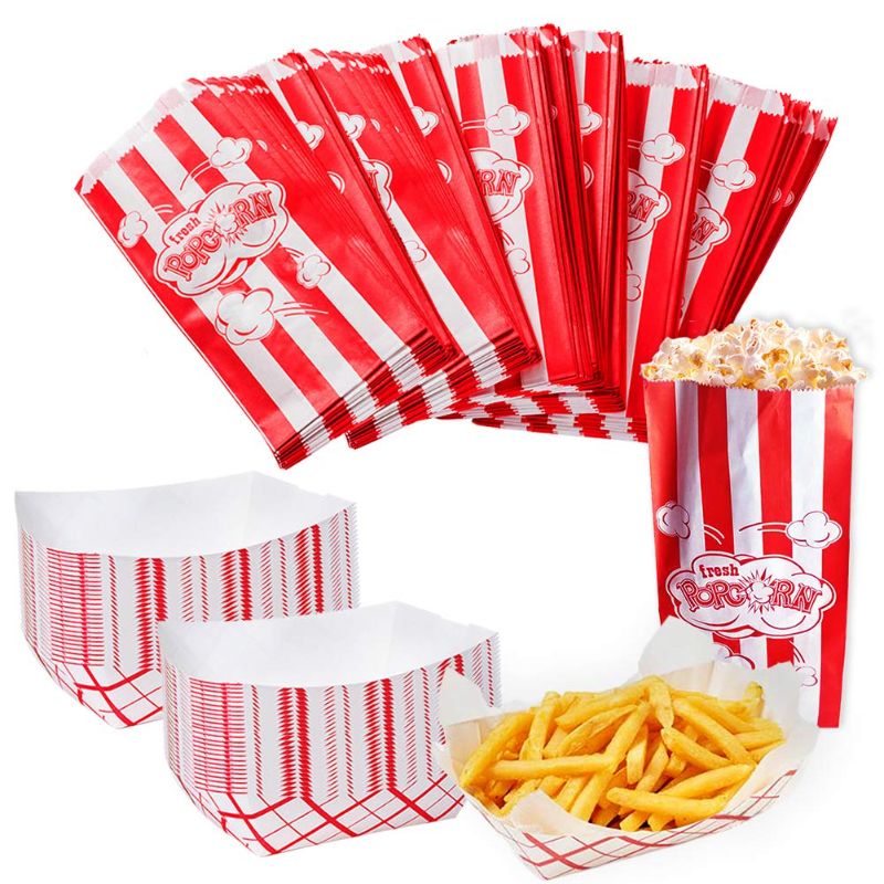 Photo 1 of 150 Pcs Movie Night Supplies Include 50 Popcorn Boxes and 100 Paper Food Trays Popcorn Cup Red and White Checkered Bag Carnival Decorations Nacho Trays Popcorn Containers Buckets for Party Hot Dog