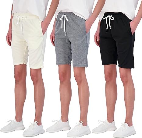 Photo 1 of Real Essentials 3 Pack: Womens Cotton French Terry 9" Bermuda Short Pockets-Casual Lounge Athletic - Small