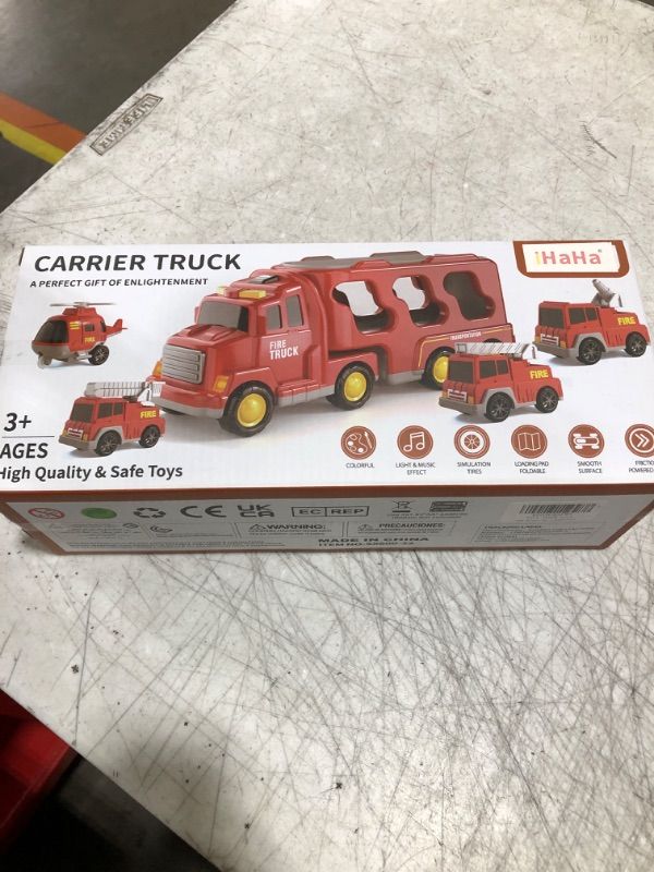 Photo 2 of iHaHa Fire Truck Toys for 1 2 3 4 5 6 Years Old Boys Toddlers, 5 in 1 Kids Carrier Fire Trucks Cars for Toddler Boy Toys Birthday, Car Trucks Friction Power Toys with Light Sound