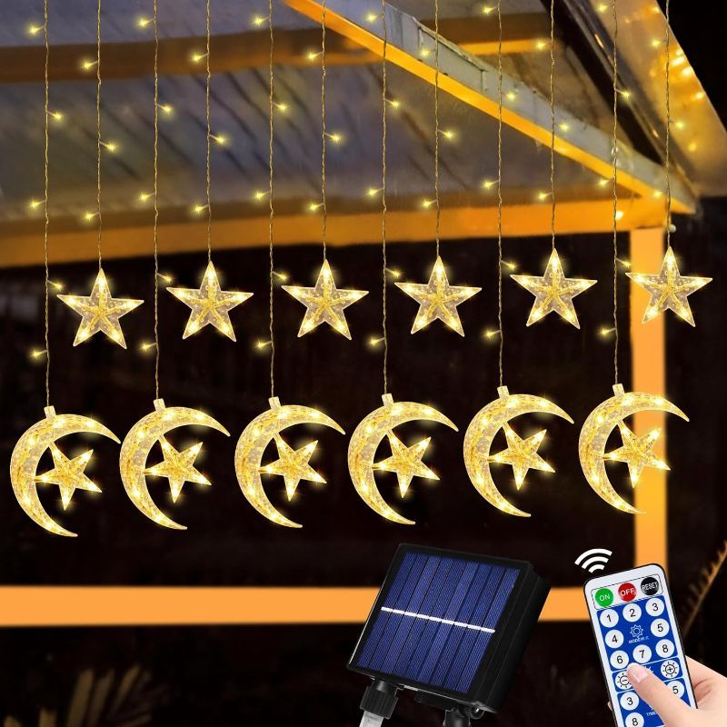 Photo 1 of [Timer & 8 Modes] Ramadan Solar Outdoor Lights, Moon and Star Ramadan Lights Solar Ramadan Window Lights Curtain Fairy String Lights, Solar Ramadan Decor Eid Decorations for Yard Patio Porch
