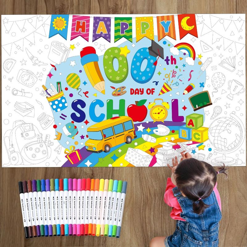 Photo 1 of Faccito Happy 100th Day of School Coloring Poster 50.4" x 31.5" 100 Days of School Jumbo Coloring Banner with 24 Colored Pens Classroom Coloring Tablecloth Page for Kids Birthday Party Supplies Craft

