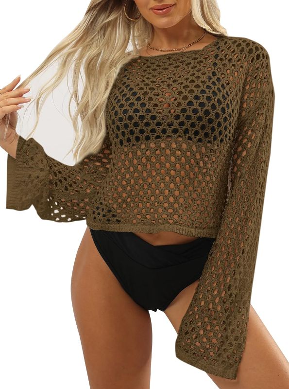 Photo 1 of Hilinker Women's Scoop Neck Long Sleeve Top Hollow Out Crochet Bikini Cover Ups - Small Brown
