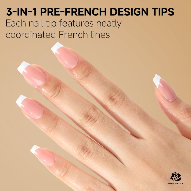 Photo 1 of UNA GELLA French Gel Nail Tips 300Pcs French Tips Press on Nails Short Coffin Nail Tips 3 in 1 X-Color Tips Pre-finish Tip Primer & Base Coat Fake Nails for Home DIY 15 Sizes Double-sided Matte
