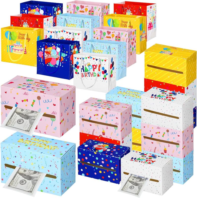 Photo 1 of 12 Set Happy Birthday Money Box for Cash Pull Birthday Gift Bags, Money Dispenser Kit Birthday Gift Bags with 240 Money Transparent Bags for Kids Friend Birthday Party Favors
