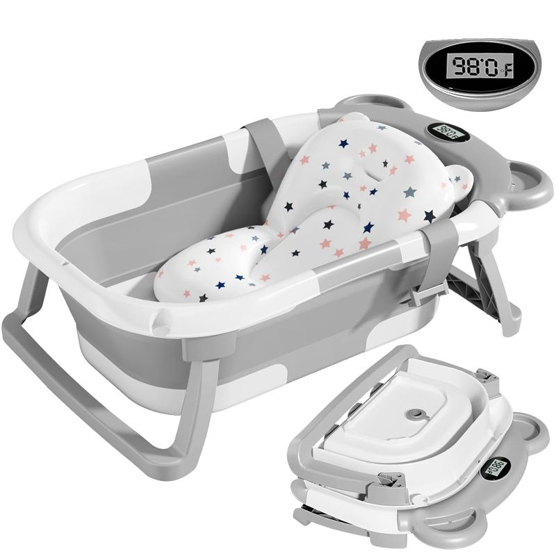 Photo 1 of TPN Collapsible Baby Bathtub for Infants to Toddler with Real-time Temp Monitor+Floating Cushion,Foldable Baby Bath Tub Set Applicable 0-36 Month,Perfect Portable Travel Baby Tub for Newborns Boy
