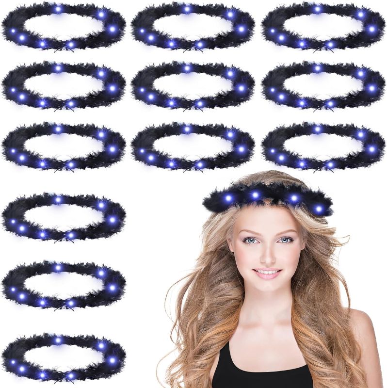 Photo 1 of 12 Pcs Christmas Light up Angel Feather Headband for Girls Women Adult Teen 7.5 Inches Angel Hair Band Headpiece for Christmas Party Accessories, Black