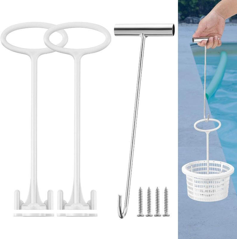 Photo 1 of Skimmer Basket Handle Pool Skimmer Basket Hook for Inground Pool Skimmer Basket Universal Pool Skimmer Basket Handle Fit All Skimmer Basket for Debris Remove Essential Swimming Pool Accessory (2 Set) 